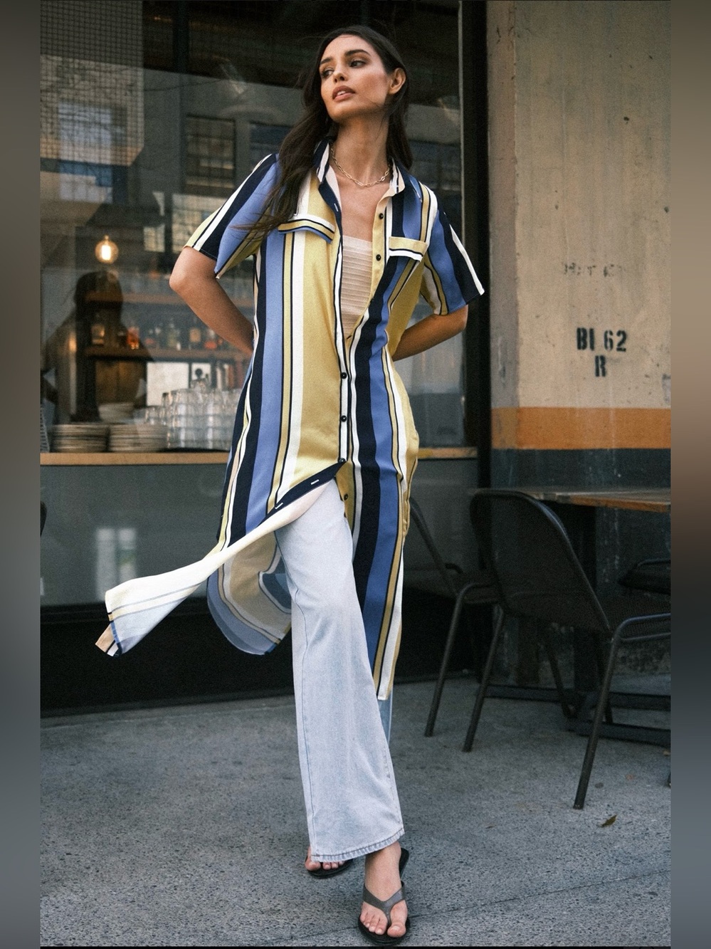 Cupshe • Women’s Blue & Yellow Stripe Collared Front Button Midi T-Shirt Dress - Picture 2 of 6